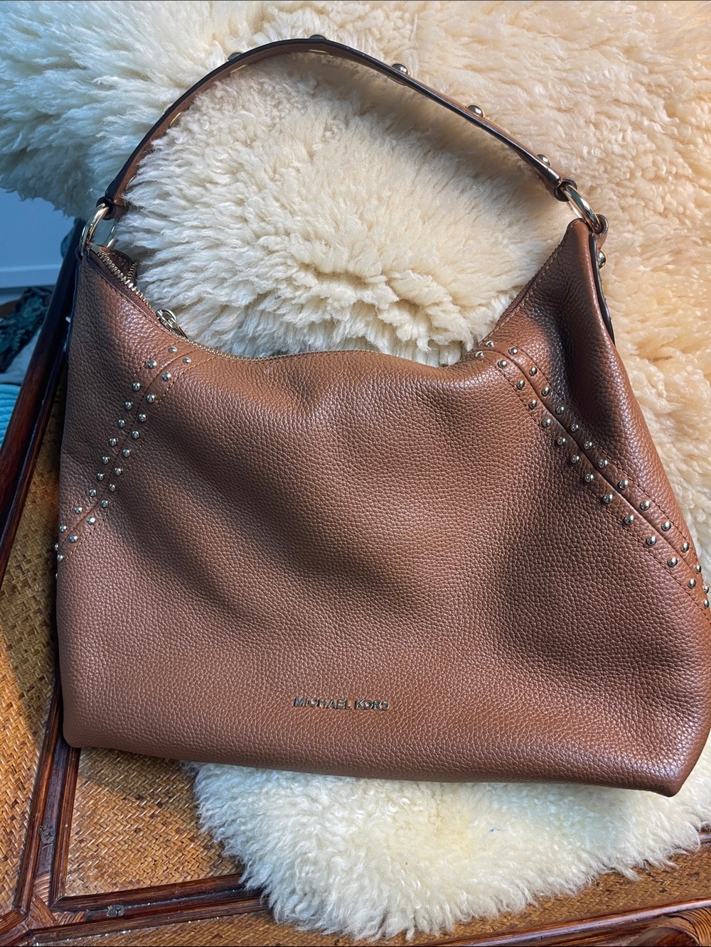 Michael Kors Cognac Pebbled Leather Shoulder Hobo with Stud Accents